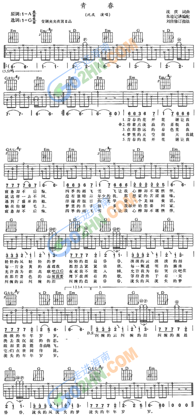 《青春》 吉他谱 汪峰 吉他图片谱1张