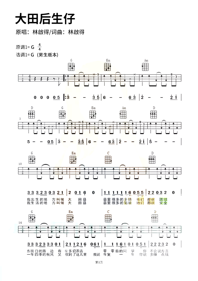 《大田后生仔》男生版_ 吉他谱 九姨,九姨夫 吉他图片