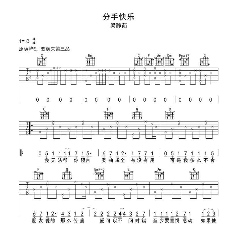 梁静茹分手快乐吉他谱梁静茹吉他图片谱5张