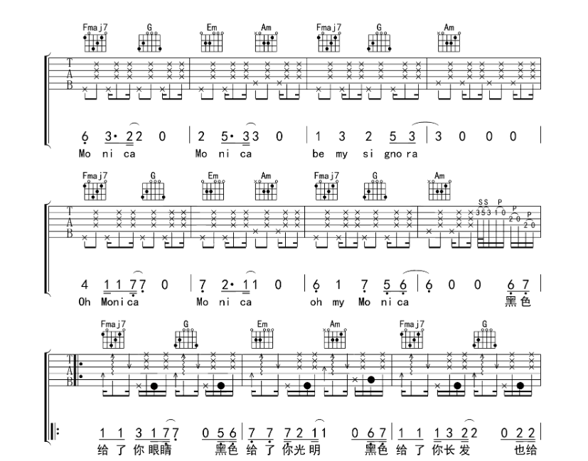柳爽《莫妮卡》 吉他谱 柳爽 吉他图片谱8张