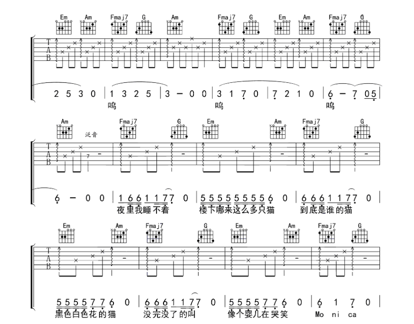 柳爽《莫妮卡》 吉他谱 柳爽 吉他图片谱8张