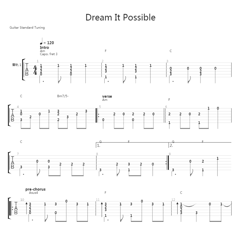 分享dream it possible吉他谱,dream it possible由张靓颖演唱,由andy