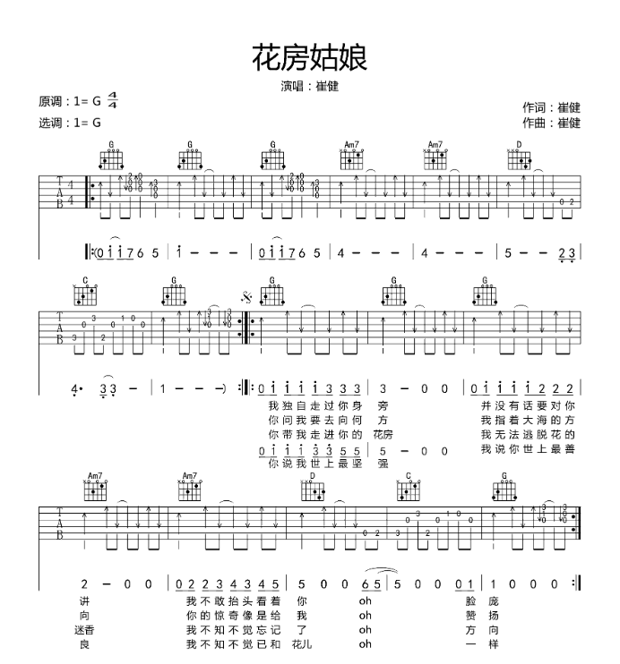 崔健《花房姑娘》 吉他谱 崔健 吉他图片谱4张