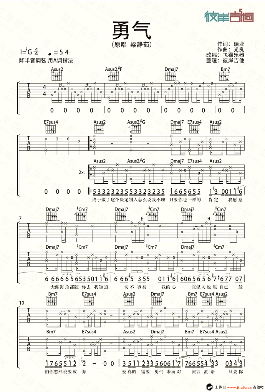 勇气吉他谱棉子梁静茹a调吉他弹唱六线谱超赞吉他图片谱3张