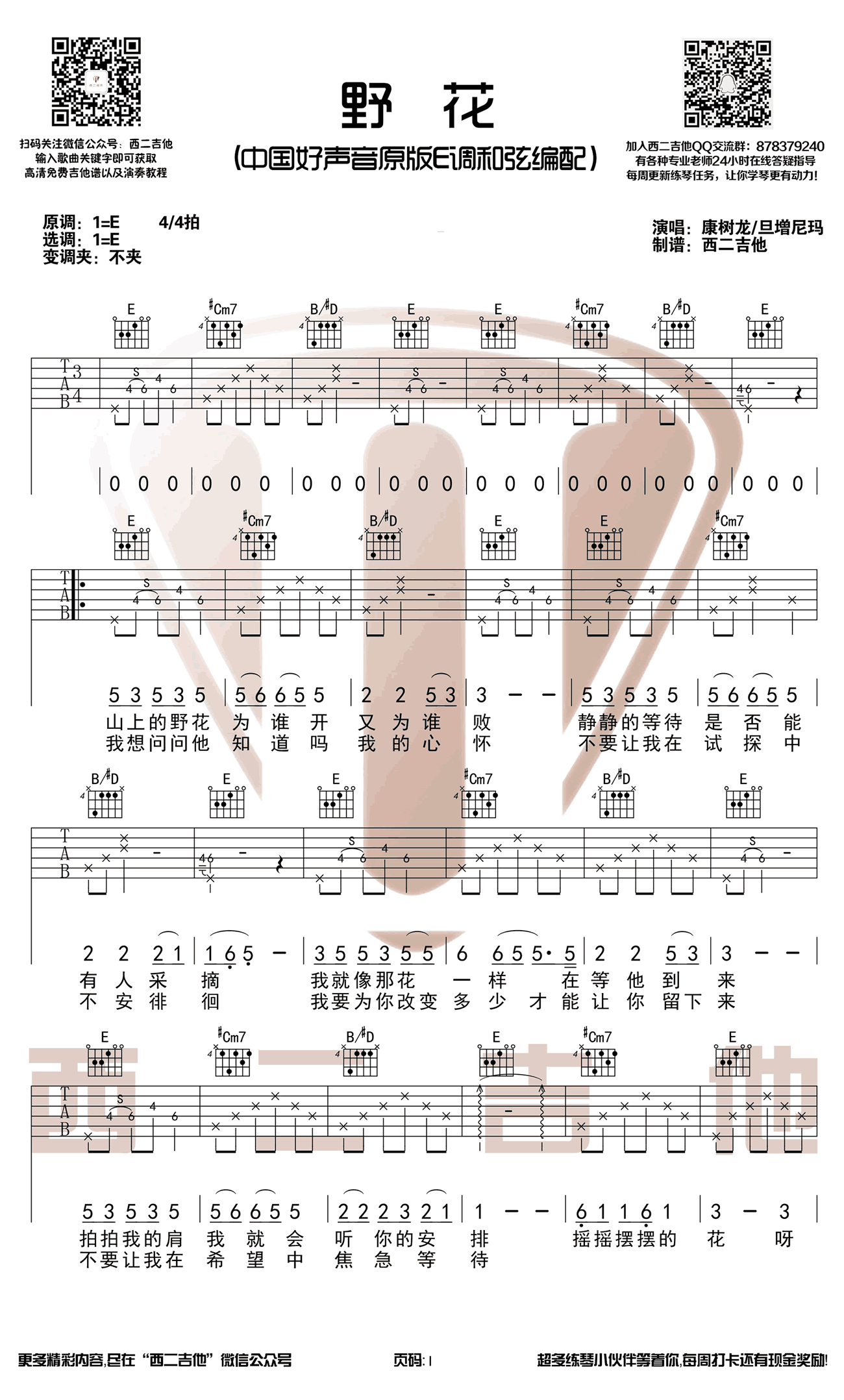 野花吉他谱梦然好声音康树龙旦增尼玛还不错e调原版图片谱吉他图片谱1