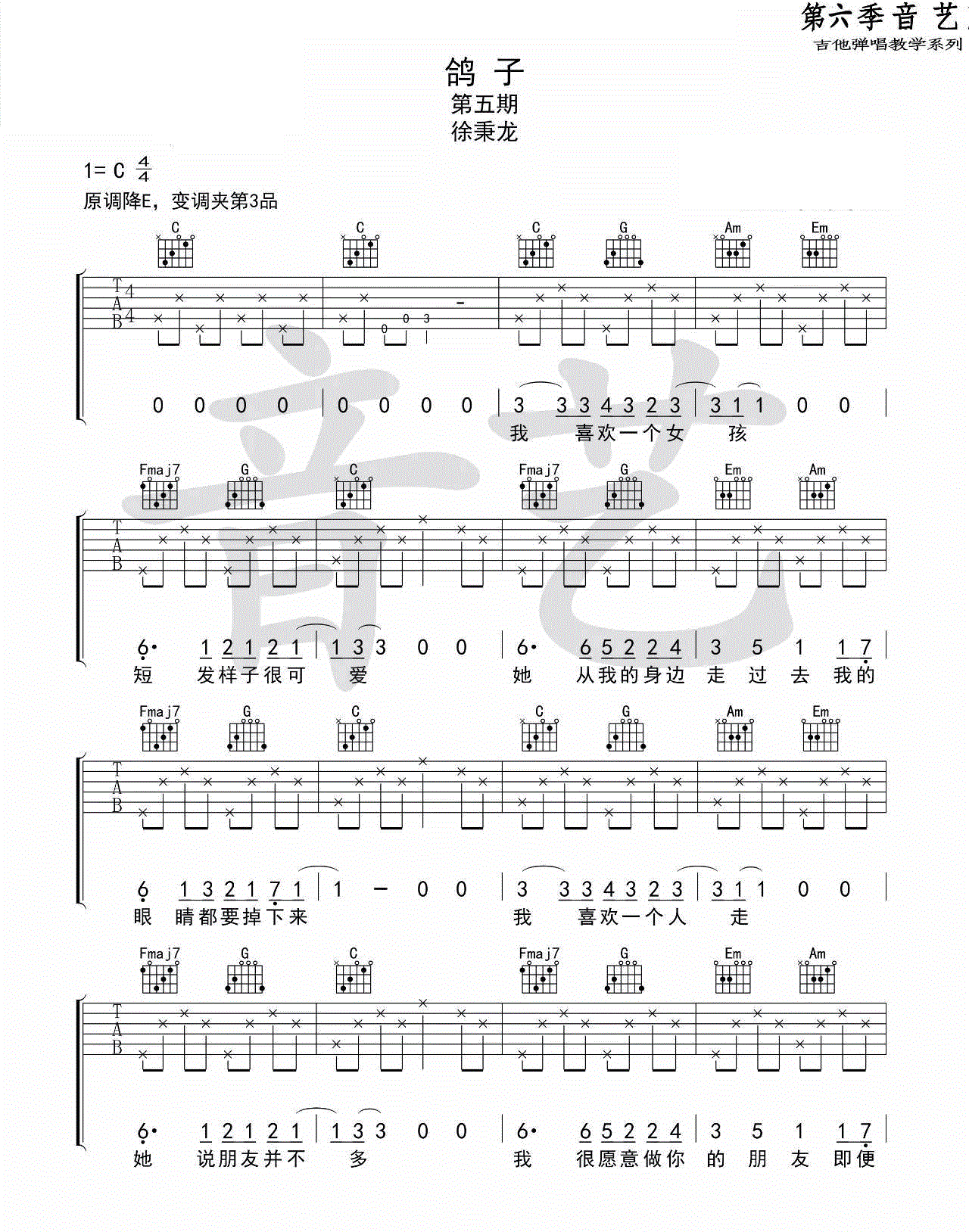 鸽子吉他谱宋冬野徐秉龙c调六线谱完整版吉他图片谱3张