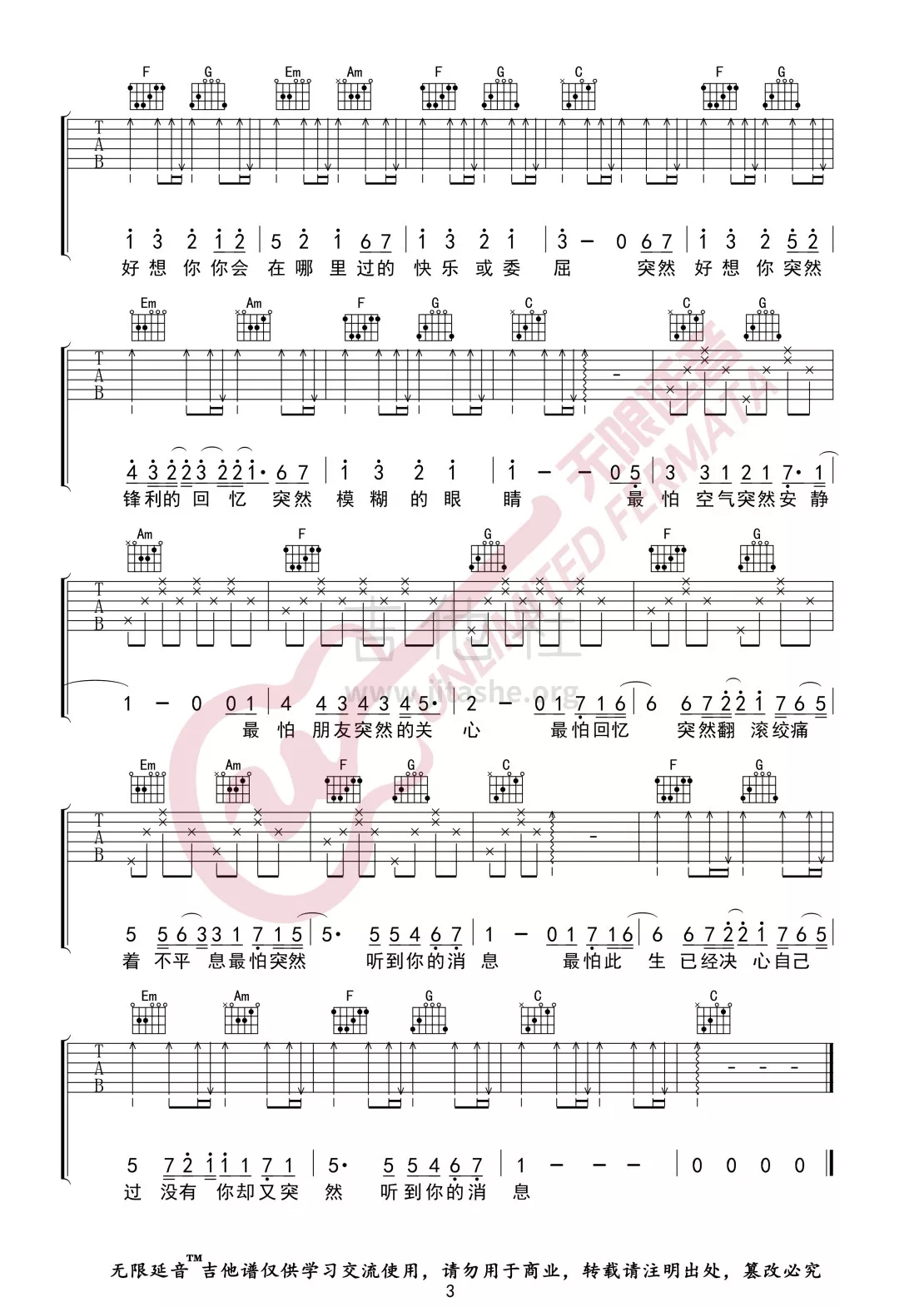《突然好想你吉他谱》_古巨基_吉他图片谱3张 图3