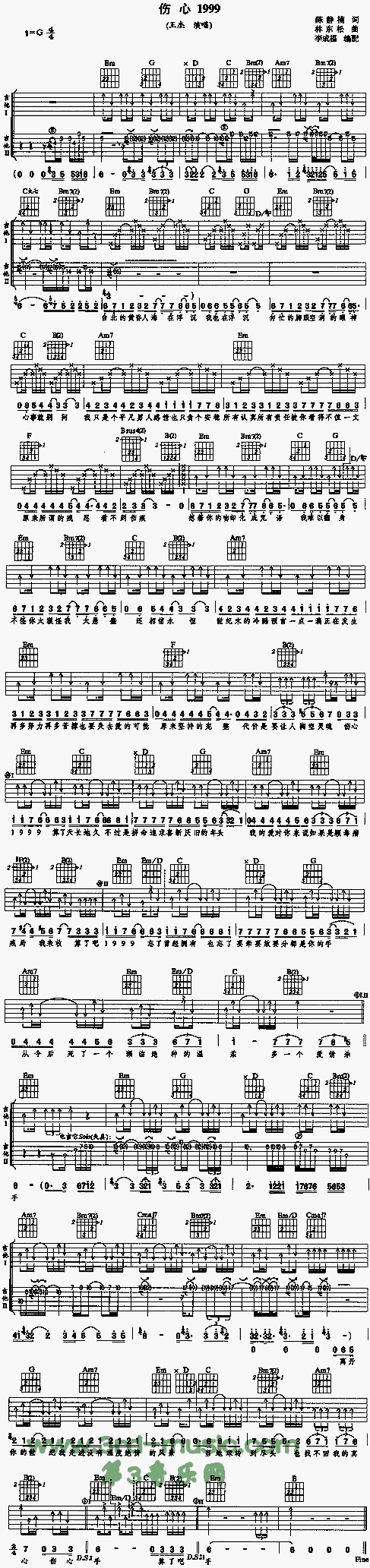 《伤心1999吉他谱》_王杰_吉他图片谱1张 图1