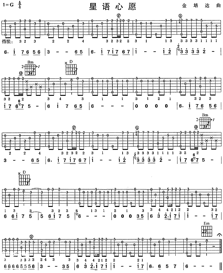 《星语心愿吉他谱》_张柏芝_G调_吉他图片谱1张 图1