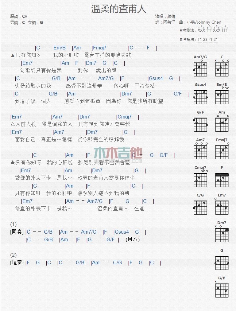 《温柔的查甫人吉他谱》_赵传_吉他图片谱1张 图1