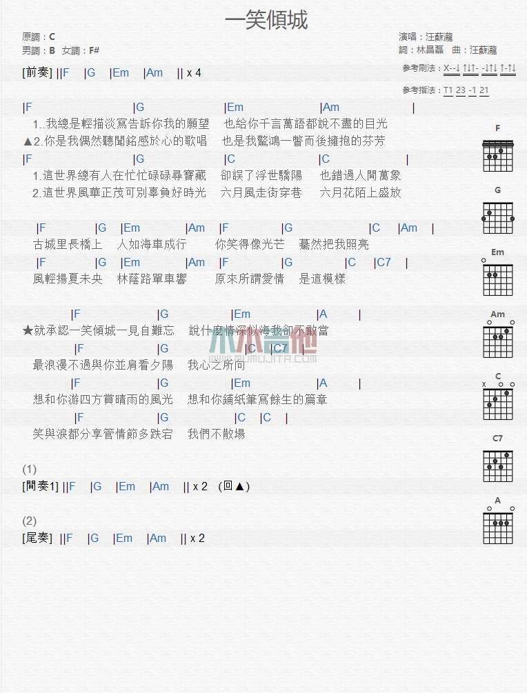 《一笑倾城吉他谱》_微微一笑很倾城_吉他图片谱1张 图1