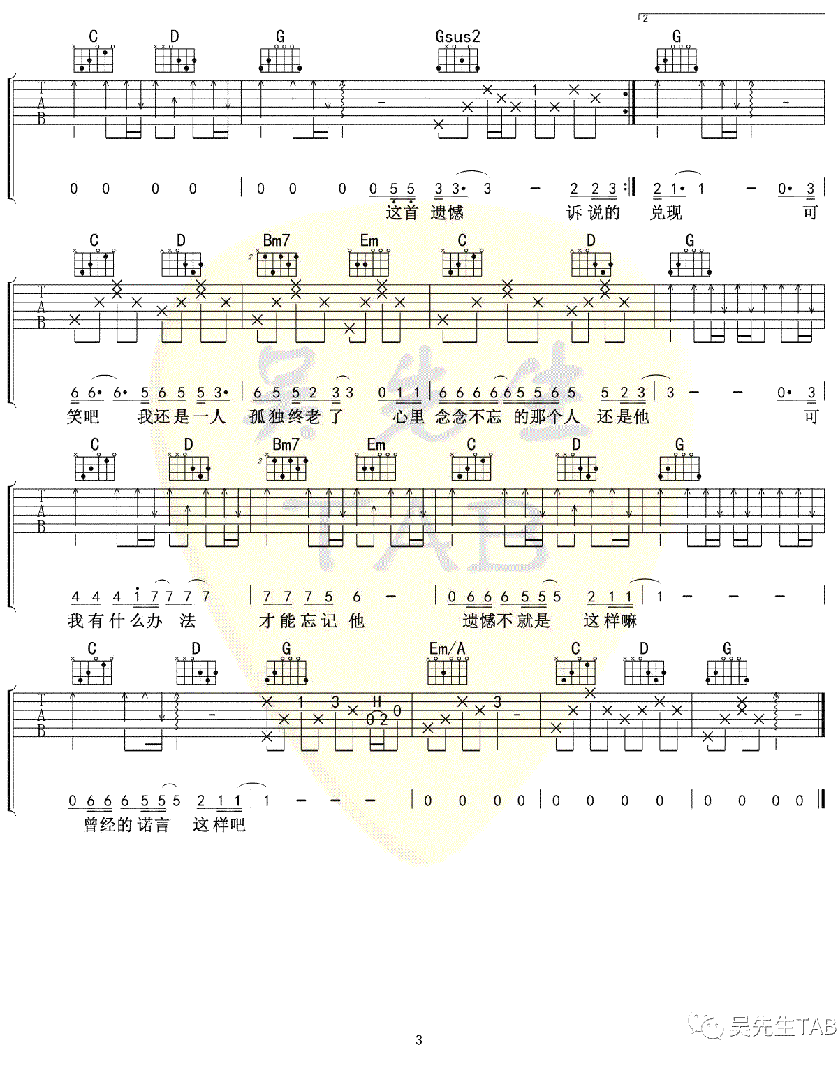 《遗憾吉他谱》_陈洁仪_A调_吉他图片谱3张 图3