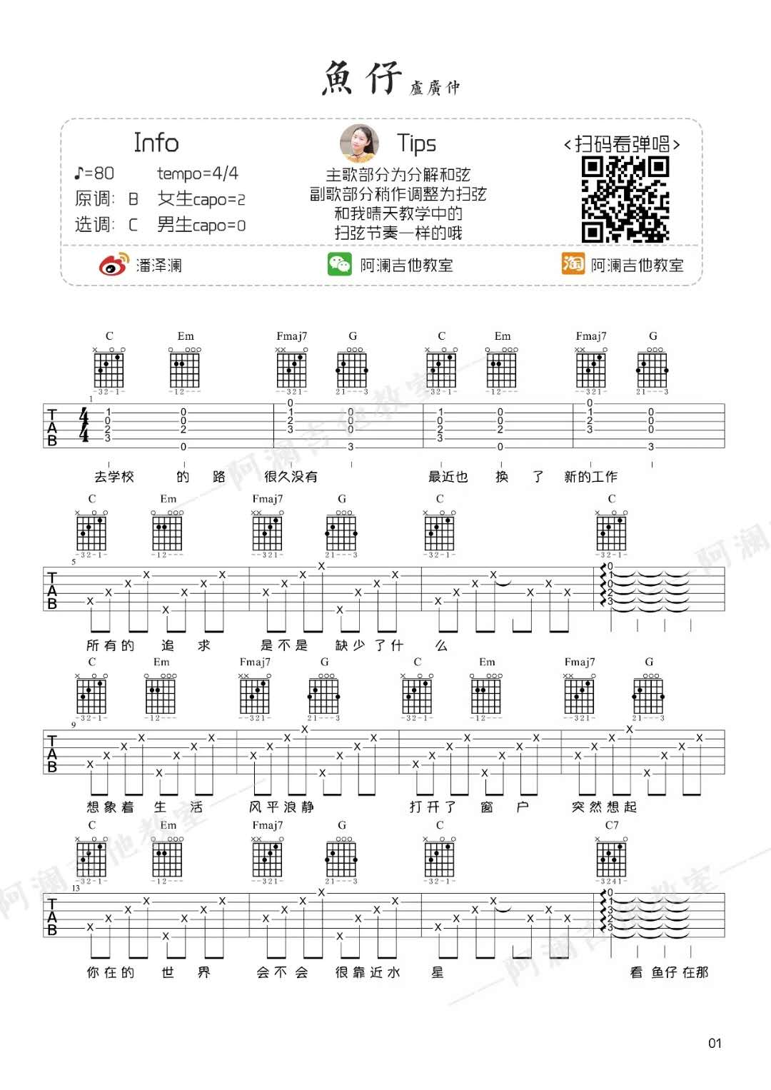 卢广仲 - 鱼仔 [弹唱 大树乐器 大树音乐] 吉他谱