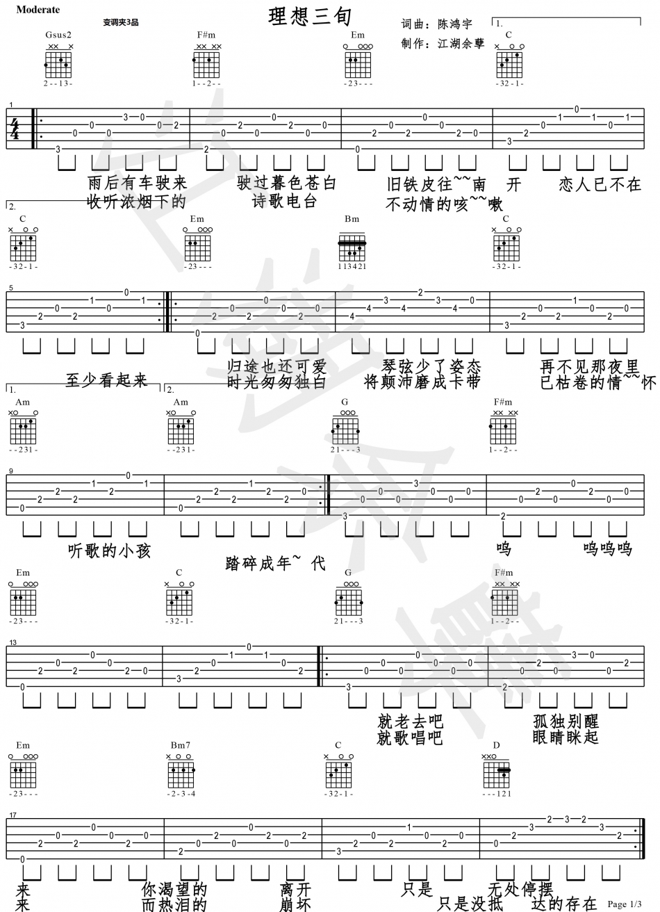 《理想三旬吉他谱》_王婷_吉他图片谱3张 图1