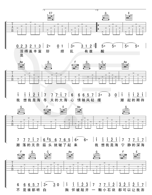 《我想我是海 吉他谱》_纯音乐合辑_吉他图片谱2张 图1人太敏感