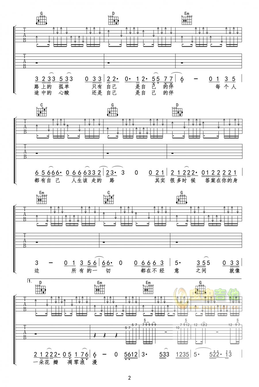 《该走的路吉他谱》_杜青_吉他图片谱3张 图2