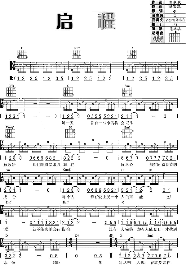 《启程吉他谱》_范玮琪_吉他图片谱2张 图1