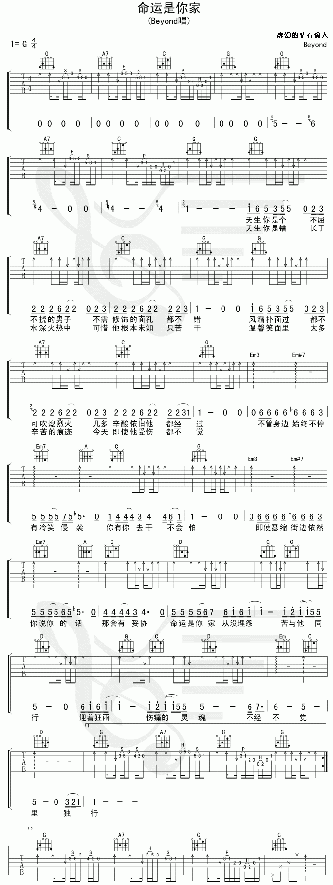 《命运是你家吉他谱》_Beyond_G调_吉他图片谱1张 图1