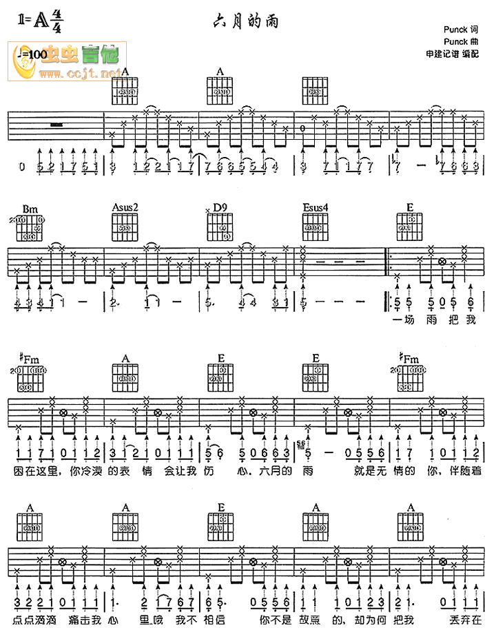 《六月的雨(吉他谱》_DJ舞曲_A调_吉他图片谱3张 图1