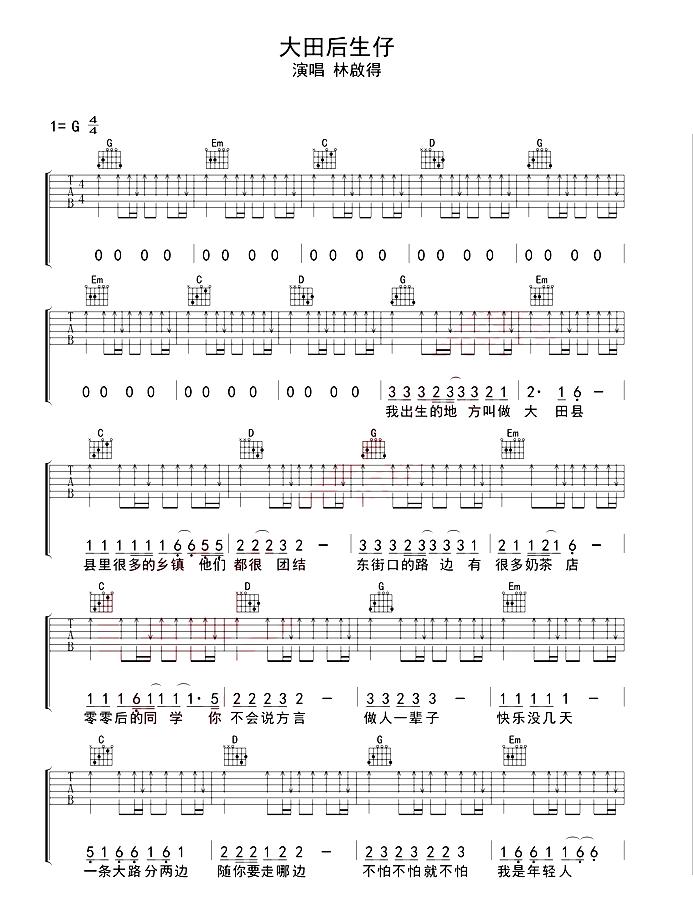 《大田后生仔吉他谱》_刘雨Key_G调_吉他图片谱3张 图1
