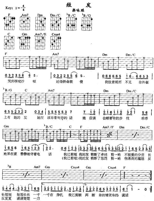 《短发吉他谱》_范玮琪、胡维纳_吉他图片谱1张 图1