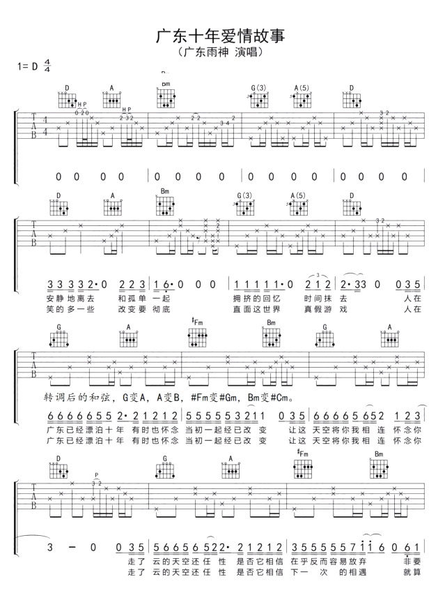 《广东爱情故事吉他谱》_新旭_D调_吉他图片谱2张 图1