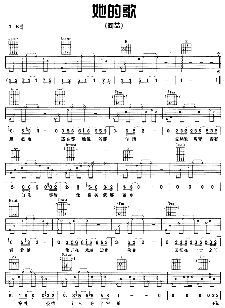 《她的歌吉他谱》_林子祥_E调_吉他图片谱2张 图1