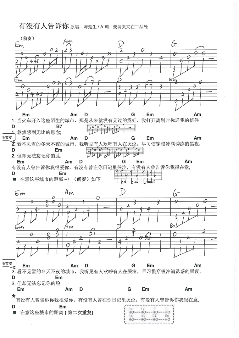 《有没有人告诉你吉他谱》_陈楚生_吉他图片谱1张 图1