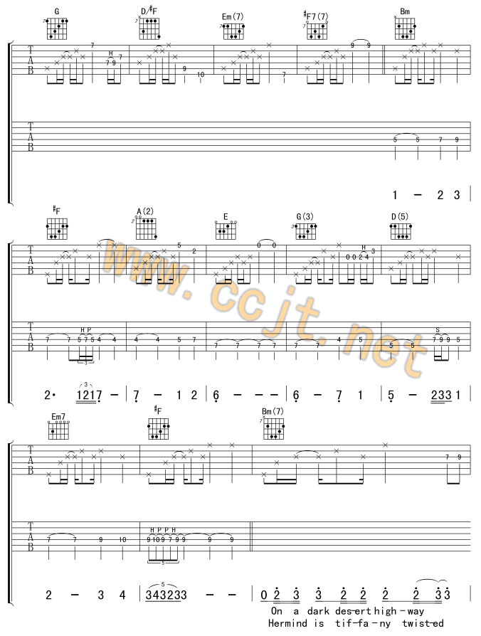 《Hotel California 加州旅馆吉他谱》_欧美音乐合辑_D调_吉他图片谱3张 图2