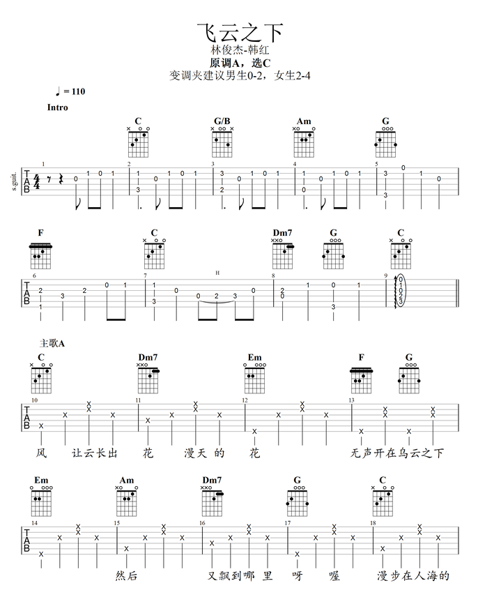 《飞云之下吉他谱》_韩红、林俊杰_吉他图片谱6张 图1