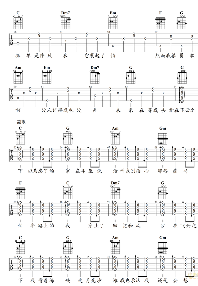 《飞云之下吉他谱》_韩红、林俊杰_吉他图片谱6张 图4