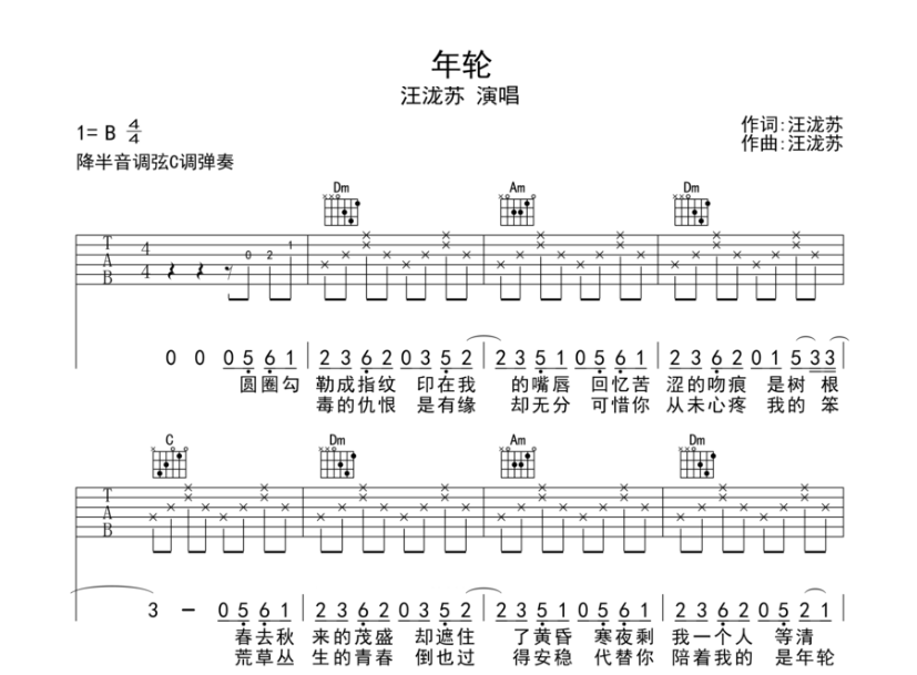 《年轮吉他谱》_汪苏泷_B调_吉他图片谱3张 图1