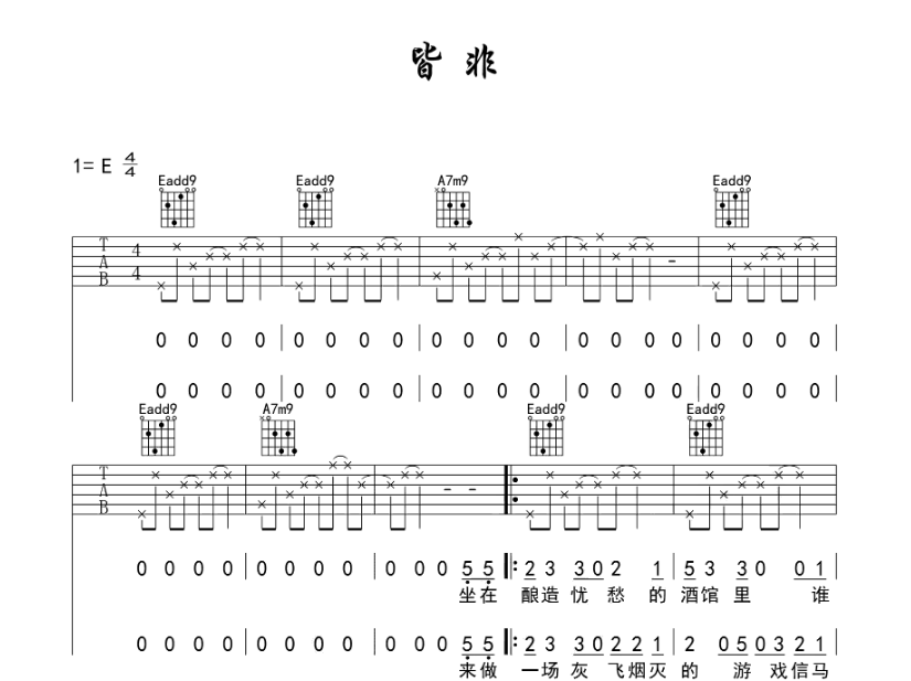 《皆非吉他谱》_马頔_E调_吉他图片谱6张 图1