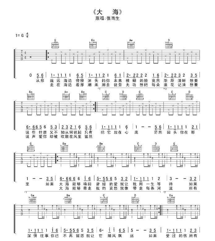 《大海吉他谱》_小沈阳_G调_吉他图片谱2张 图1