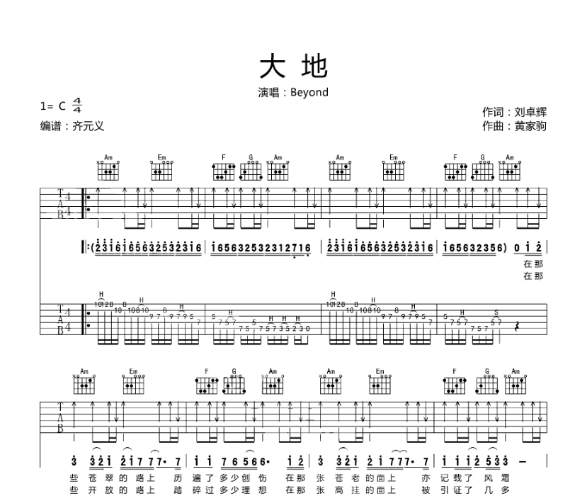 《大地吉他谱》_Beyond_C调_吉他图片谱3张 图1