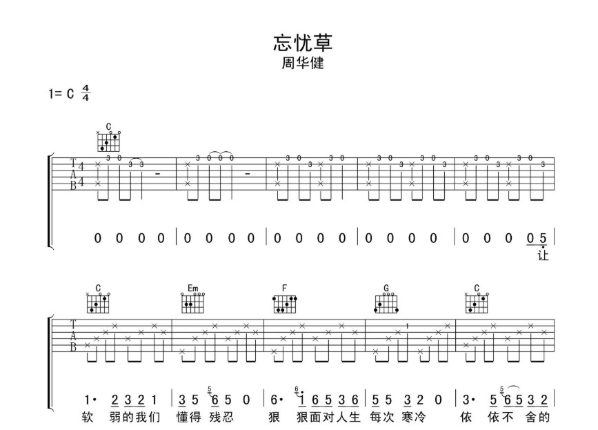 《忘忧草吉他谱》_周华健_吉他图片谱4张 图1