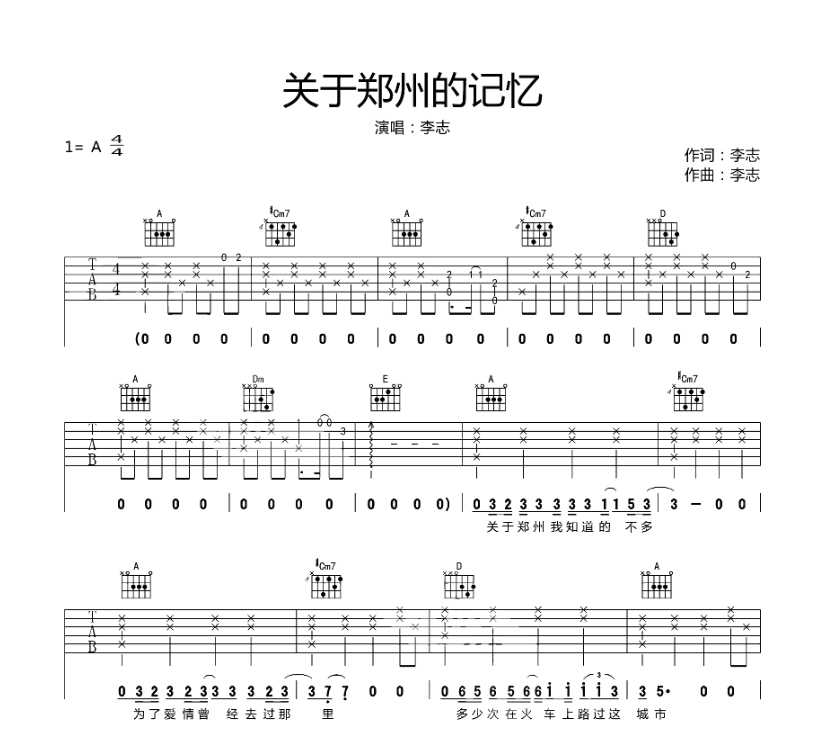 《关于郑州的记忆吉他谱》_李航_A调_吉他图片谱4张 图1