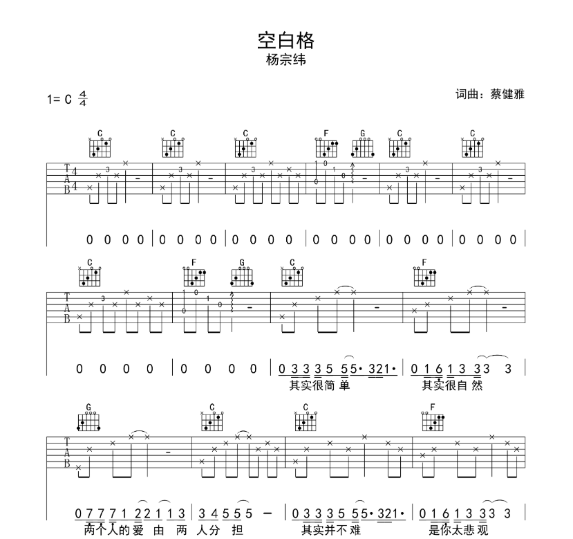 《空白格吉他谱》_姜创钢琴_吉他图片谱4张 图1