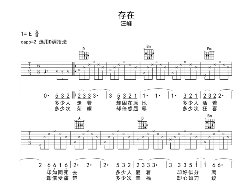 《存在吉他谱》_汪峰_E调_吉他图片谱4张 图1