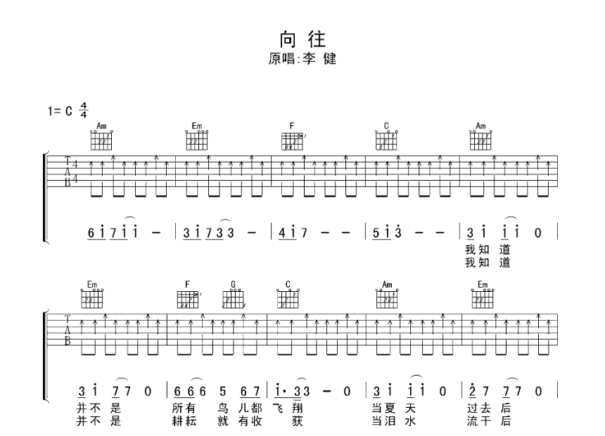 《向往吉他谱》_李健_吉他图片谱4张 图1