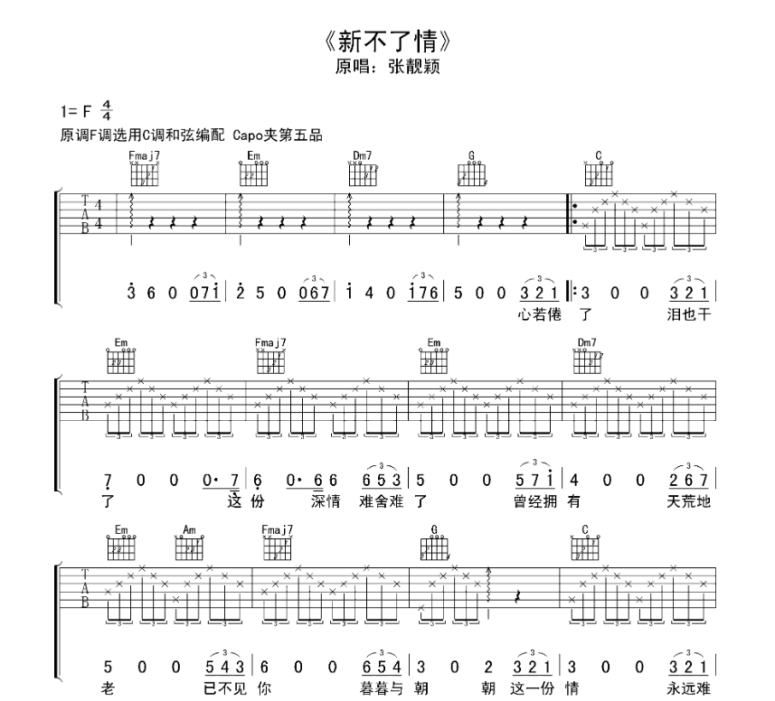 《新不了情吉他谱》_张靓颖_F调_吉他图片谱4张 图1