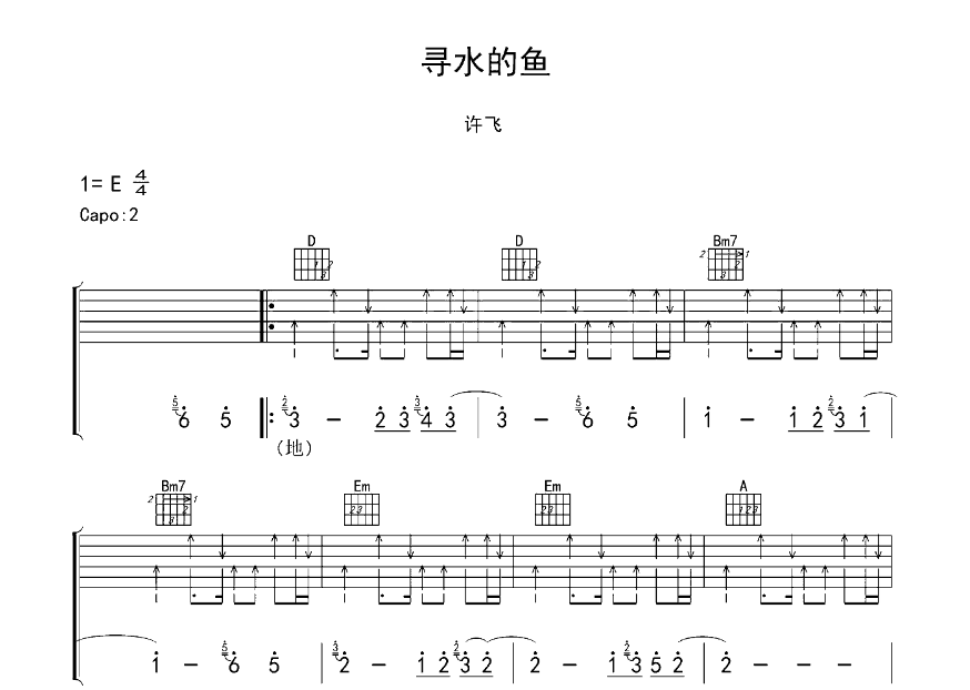 《寻水的鱼吉他谱》_许飞_E调_吉他图片谱5张 图1