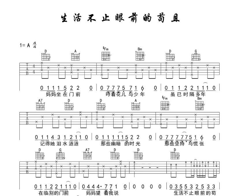 《生活不止眼前的苟且吉他谱》_许巍_A调_吉他图片谱6张 图1