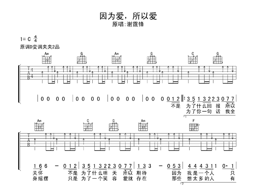 《因为爱所以爱吉他谱》_谢霆锋_吉他图片谱3张 图1