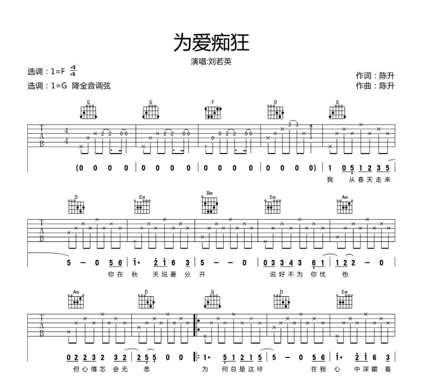 《为爱痴狂吉他谱》_刘若英_F调_吉他图片谱4张 图1