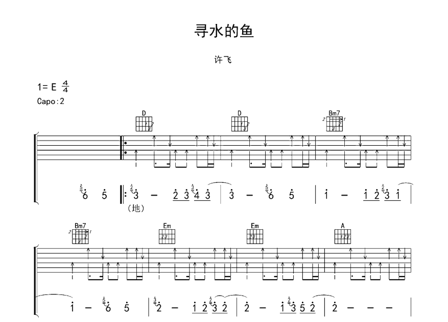 《寻水的鱼吉他谱》_许飞_E调_吉他图片谱6张 图1