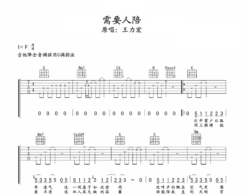 《需要人陪吉他谱》_王力宏_F调_吉他图片谱5张 图1