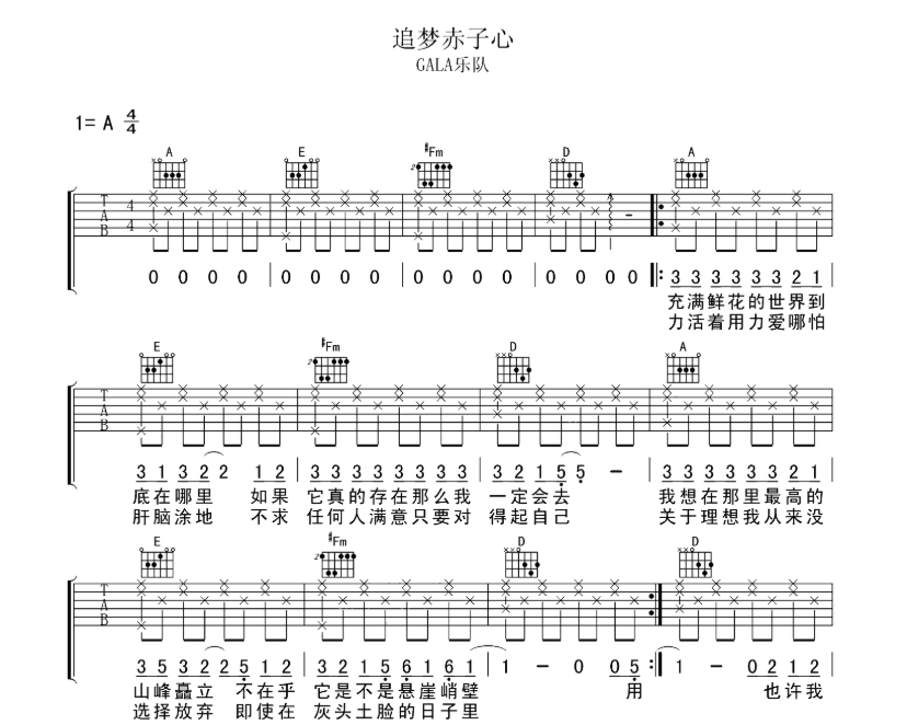 《追梦赤子心吉他谱》_GALA乐队_A调_吉他图片谱4张 图1