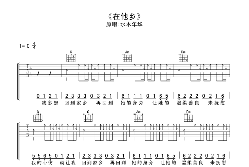 《在他乡吉他谱》_水木年华_吉他图片谱5张 图1