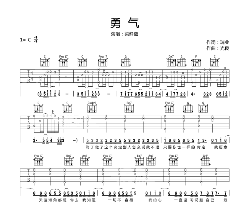 《勇气吉他谱》_梁静茹_C调_吉他图片谱4张 图1